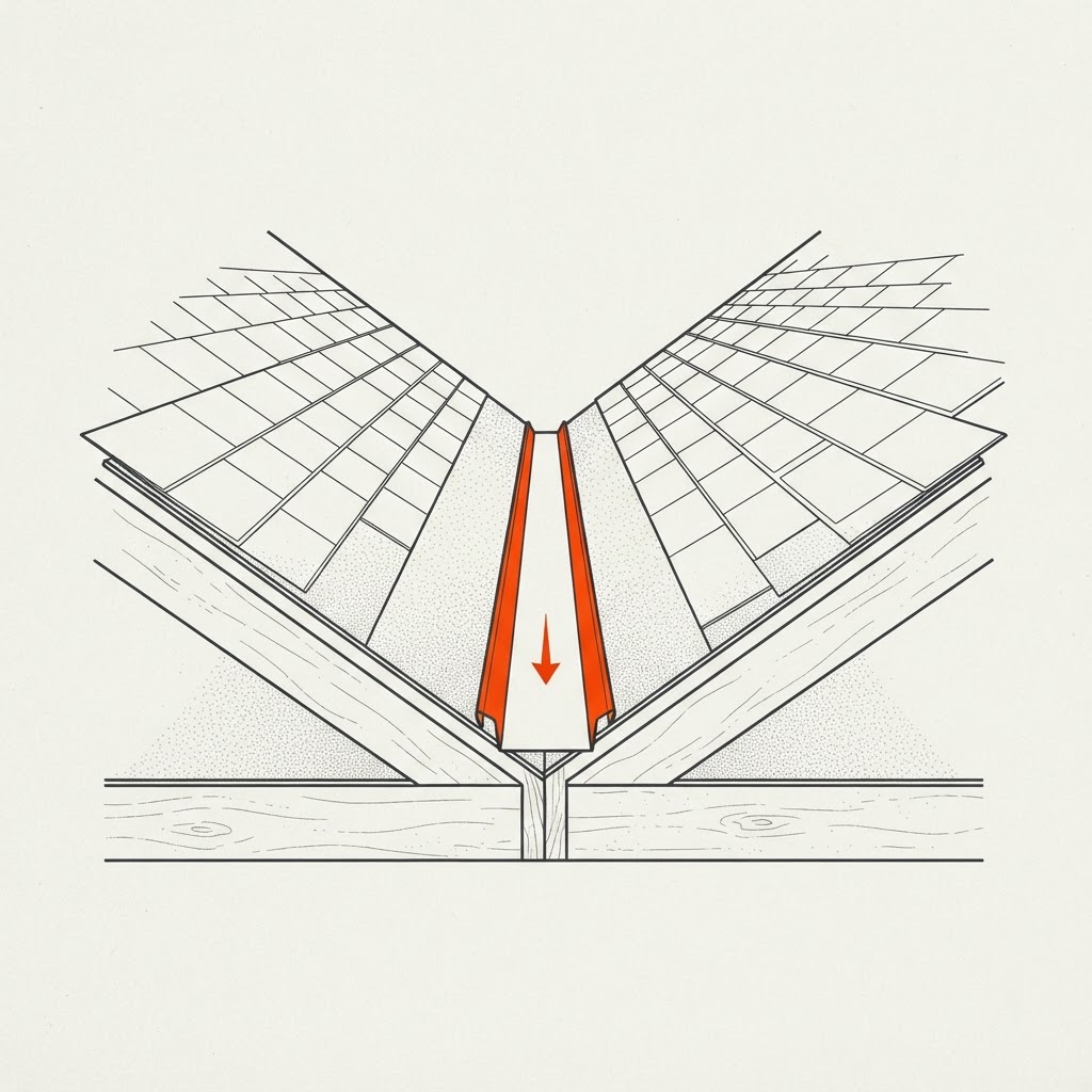 Cross-section of a roof valley: two sloped planes meet over underlayment with a metal flashing channel running down the center and shingles trimmed back on both sides. An arrow marks water flowing down the metal channel.